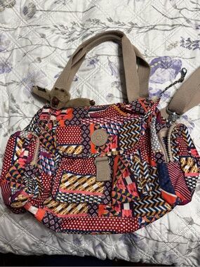 Kipling Geometric Patchwork Shoulder Bag in Red, Pink, Navy